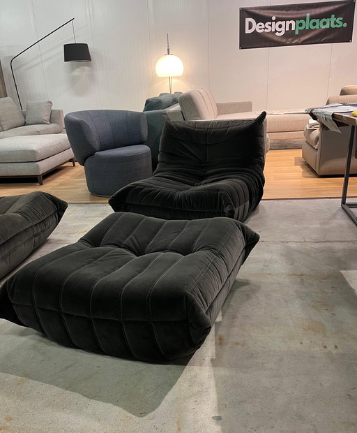 ZGAN Ligne Roset Togo Set Black Suede - 3-seater + 1-seater + Ottoman