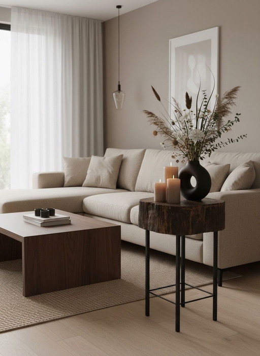 Robust side table made from an old mooring post and steel frame