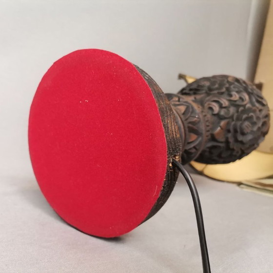 Image 1 of Large Portuguese Carved Wood Half Shade Buffet Table Lamp