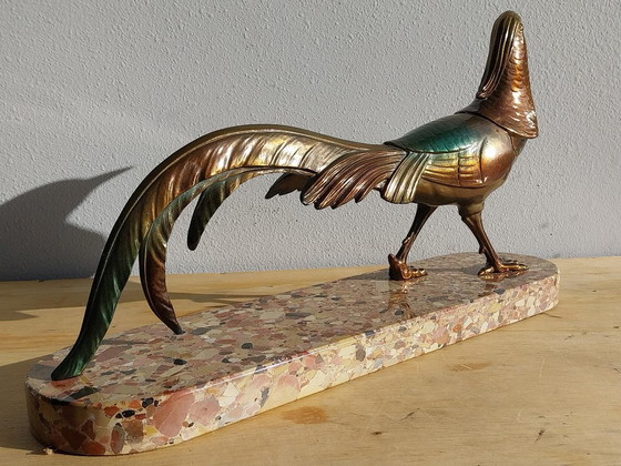 Sculture di uccelli in bronzo su base in terrazzo, Marmo, Metallo, Verde, Art Deco (foto 5 di 7)