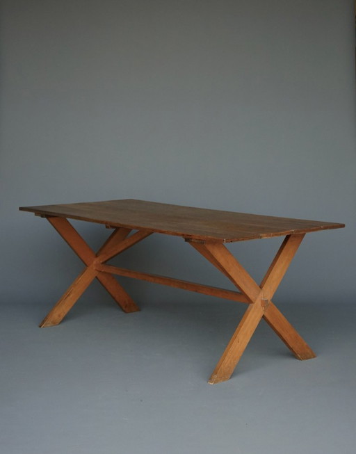 Rustic Cherry & Oak Wood Farmhouse X-Frame Dining Table, 1940s