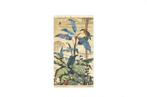 Tela dipinta. Tucano su sfondo verde. Opera contemporanea.