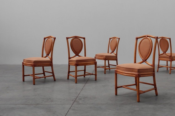 Image 1 of Set of 6 bamboo dining room chairs with geometric upholstery by Gasparucci, Italy 1980s