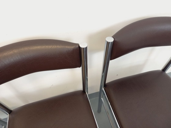 Image 1 of Set di 6 sedie vintage anni '70 in metallo cromato e similpelle marrone