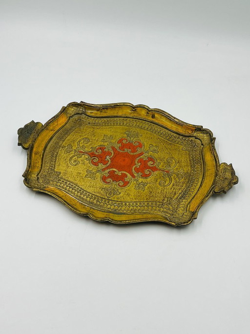 Grande vassoio fiorentino, stile barocco, oro giallo, vintage anni '70