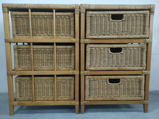 Image 1 of Set vintage jaren 70 rotan/riet/bamboe wandkastjes ladekasttes
