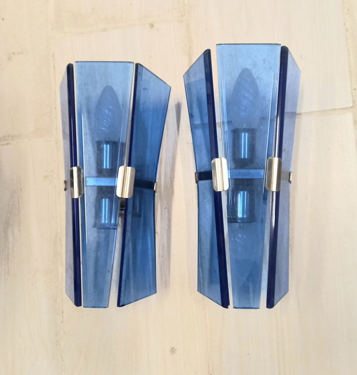 Coppia di Appliques in Vetro Blu Stile Veca