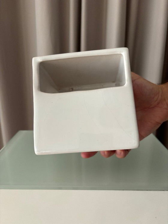 Vintage Minimalist Studio Pottery Cube Vase – White Ceramic (photo 7 of 14)