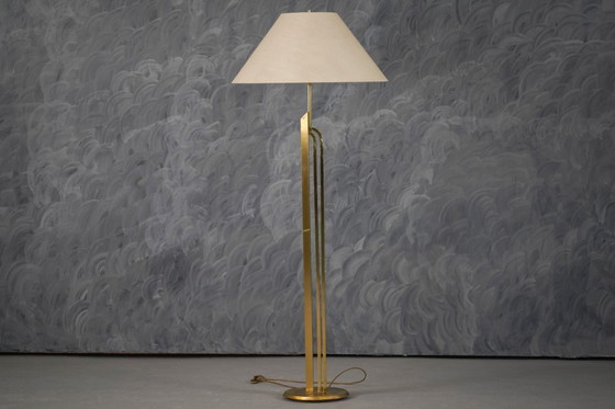 Image 1 of Vintage Floor Brass Lamp with Fabric Lampshade, Italy 1970’s
