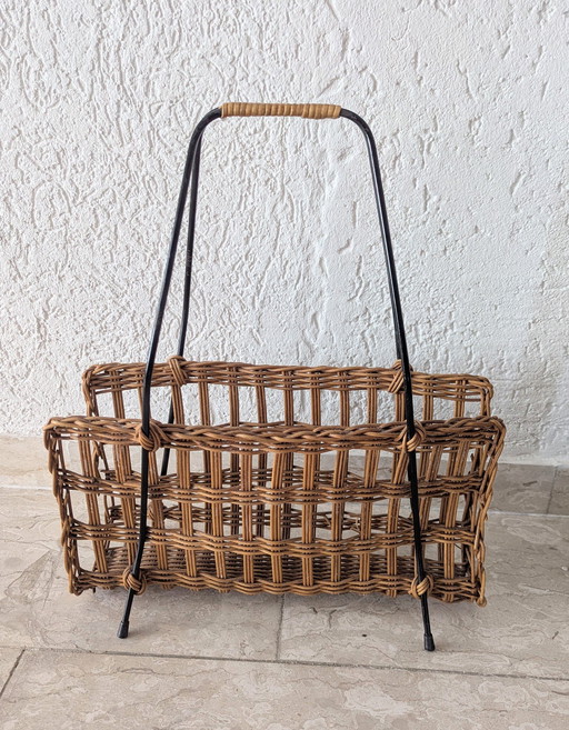 Vintage MCM 50s 60s Mid Century porte-revues / porte-journaux métal et osier