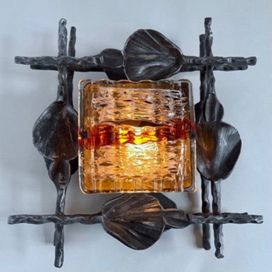 Image 1 of Pair of Brutalist wall sconces – Hand-Forged iron with Artistic glass – Italy 1960s–70s
