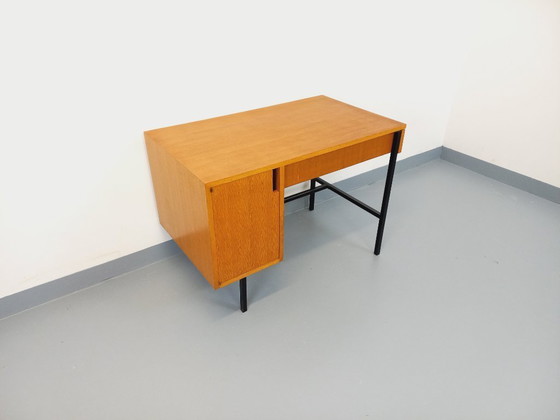 Image 1 of Bureau moderniste vintage Multitable par Jacques Hitier en bois de chêne et métal noir des années 50 60