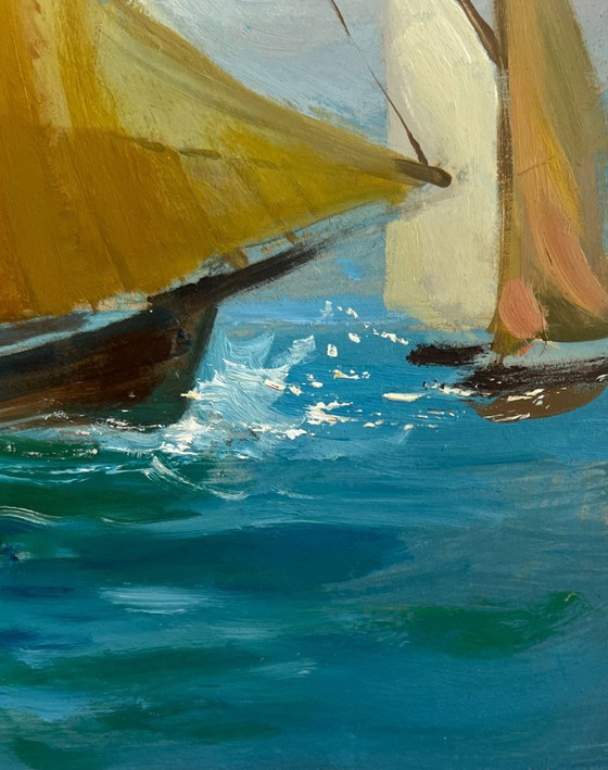 Image 1 of Dipinto ad olio originale, paesaggio marino estivo con barche a vela in mare.