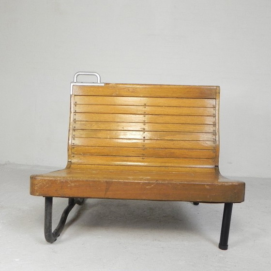 Image 1 of Double-sided teak train bench, 1930s