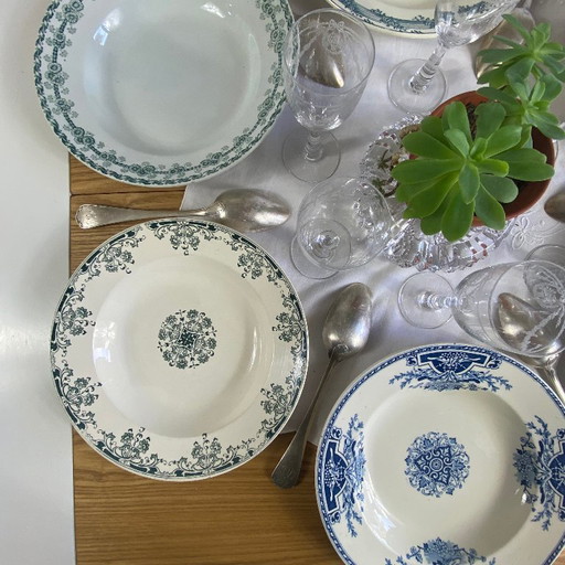 Set of 6 mismatched earthenware soup plates, antique Sarreguemines faience, Choisy le Roi, Longwy, Moulin des Loups