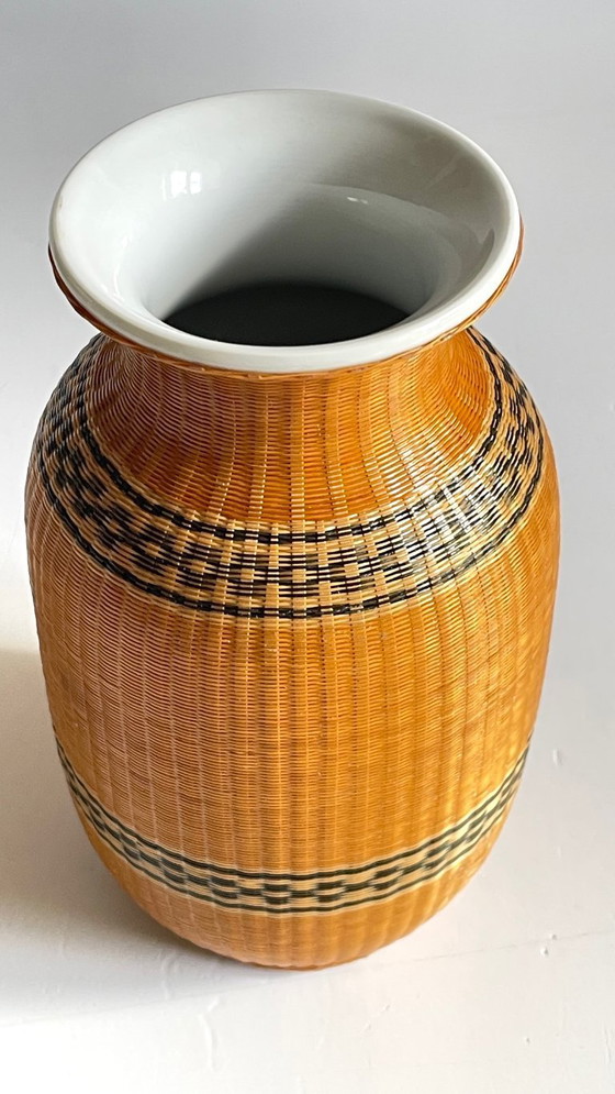 Image 1 of Vintage Woven Bamboo and Fine Porcelain Vase
