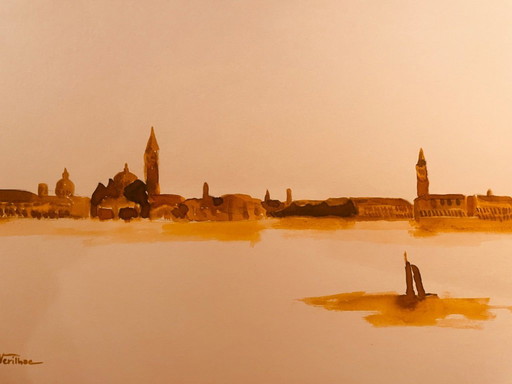 Sanguine aquarel ondertekend "Aurore sur Venise"