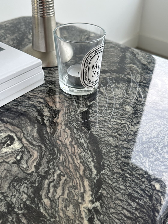 Image 1 of Table basse vintage en marbre métal chrome bois carré 70's