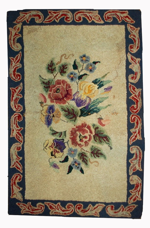 Handgemaakt antiek Amerikaans gehaakt tapijt 67 cm x 103 cm (2,2' x 3,4') uit de jaren 1900 - 1B499