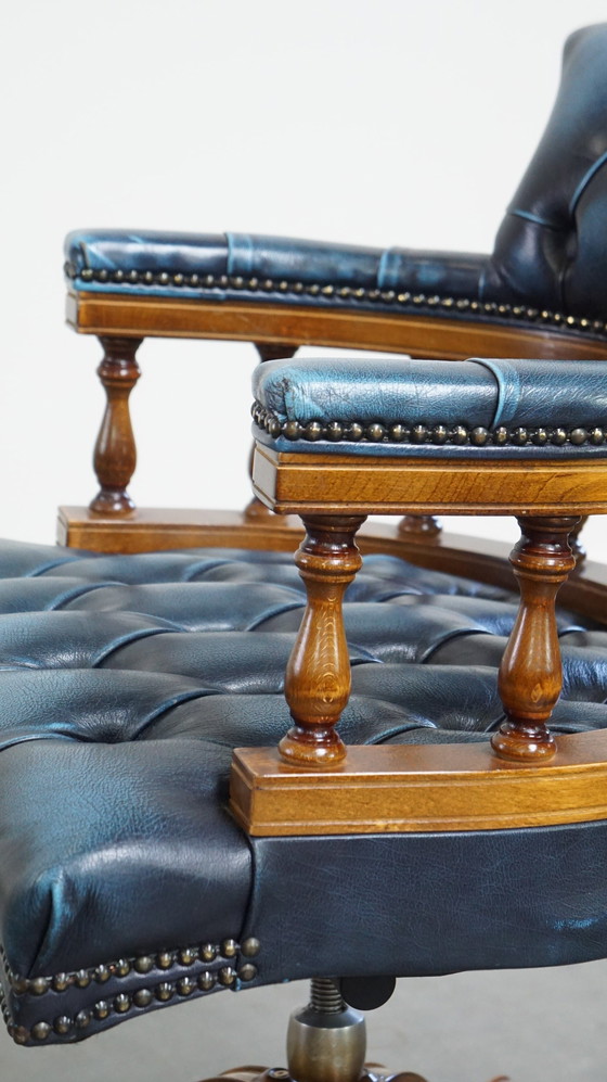 Image 1 of Blue Cowhide Leather Chesterfield Office Chair