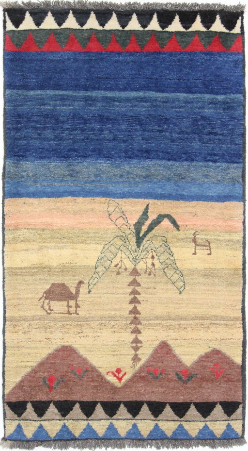 Alfombra oriental persa original Gabbeh Ghashghai, 201 cm x 110 cm, color natural antiguo