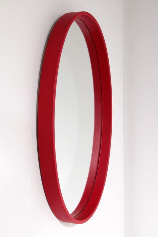Grote Vintage Spiegel Met Rode Kunstleren Frame