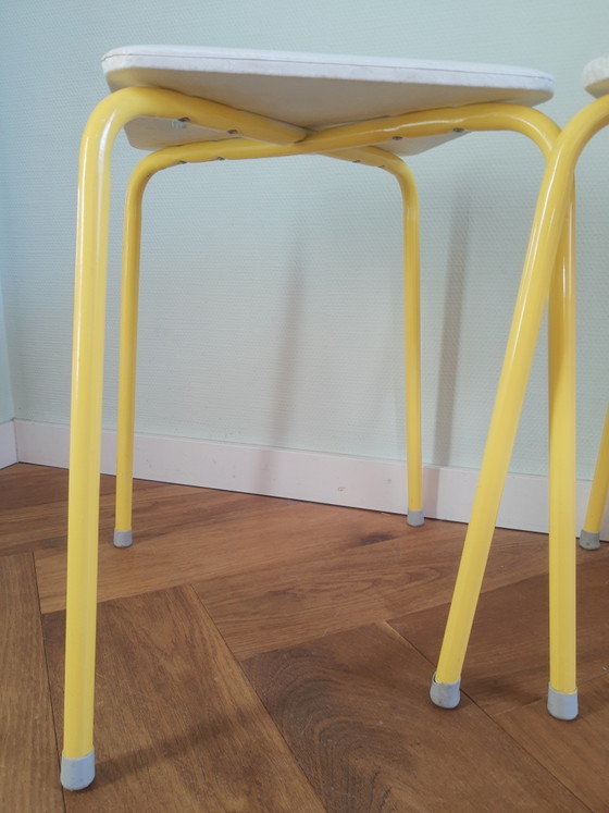 Image 1 of Set of 2 50s-60s tubular frame faux leather stools in white and yellow
