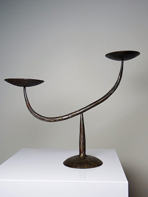 Vintage Brushed Antique Brutalist Metal 2-Branch Candelabra/Candleholder