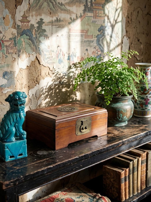 Scatola portagioie cinese vintage in legno, decorazione Shou con rame patinato, 1970-1980