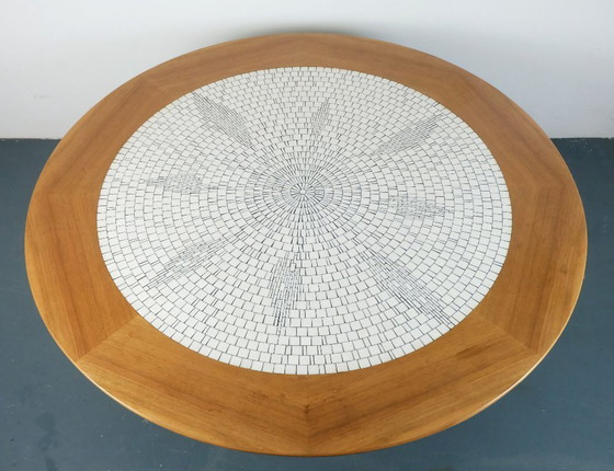 Image 1 of large round 60s mosaic tile top coffee table white mosaic walnut frame chrome base
