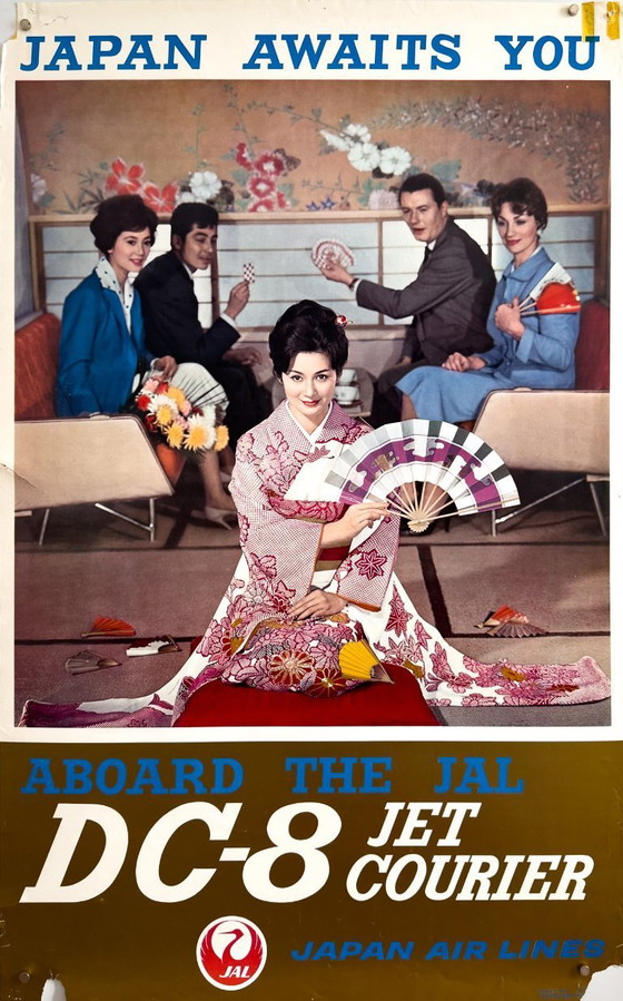 Image 1 of ✈️ Japan wacht op je (JAL DC-8 Jet Courier) – ca. 1963 – Originele vintage poster | | 100,5 × 62,5 cm | Japan