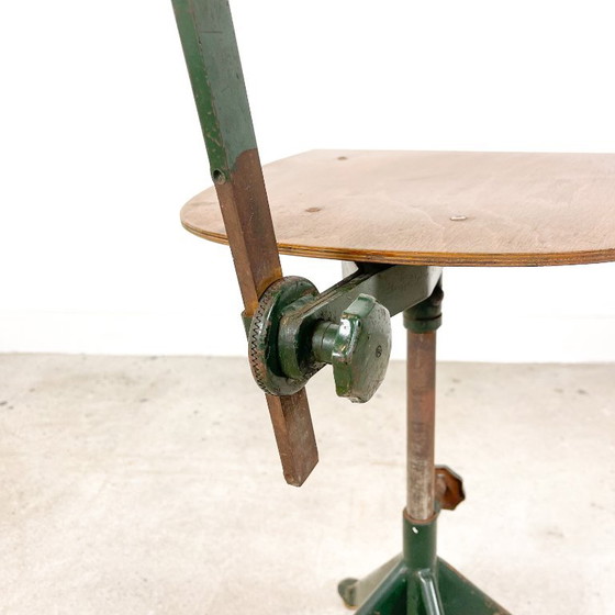 Industrial stool with wooden seat and backrest, green, Sormel, Office chairs, Metal, Brown, Vintage (photo 10 of 11)