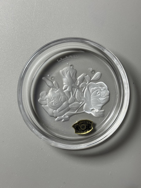 Image 1 of Coffret de 6 sous-verres en cristal Val Saint Lambert « Fleurs » – Motifs floraux – Style années 1950 – En boîte