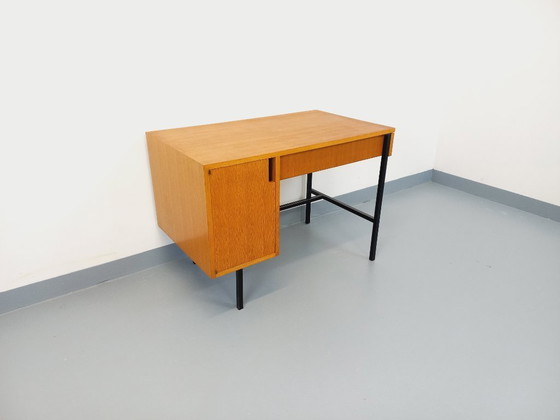 Image 1 of Bureau moderniste vintage Multitable par Jacques Hitier en bois de chêne et métal noir des années 50 60