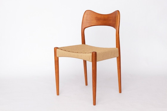 Image 1 of Set of 4 Danish Dining Chairs by Arne Hovmand-Olsen for Mogens Kold, 1960s Mid Century Teak Chairs with Danish Cord Seats