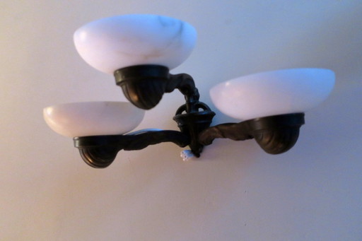 Pair of Antique Bronze & Alabaster 3-Arm Wall Lights, 1910