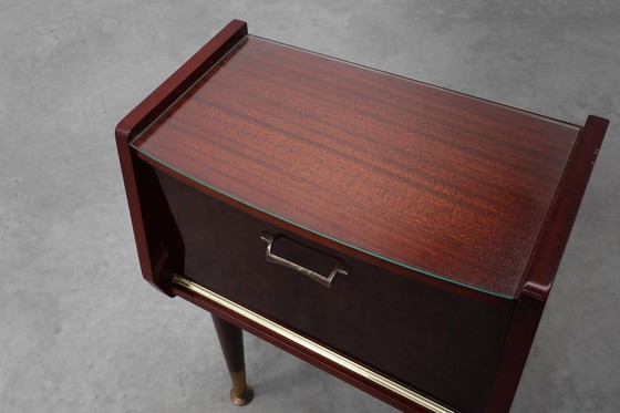 Image 1 of Paar vintage nachtkastjes in houtfineer, België 1950