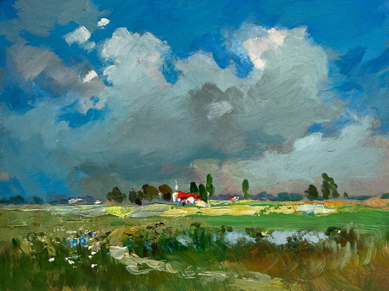 Image 1 of Origineel olieverfschilderij: Zomerlandschap, wandeling door de weilanden.