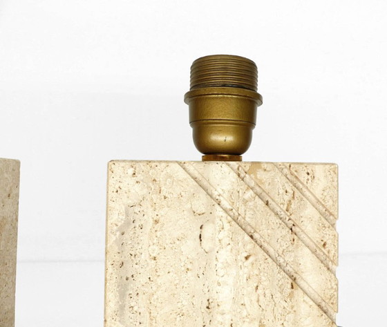 Image 1 of Pair of solid travertine table lamps with incised decoration, French production, circa 1970–1980
