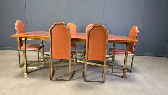 Image 1 of Table de salle à manger vintage en loupe de bois et laiton, signée Belgochrom, années 1970