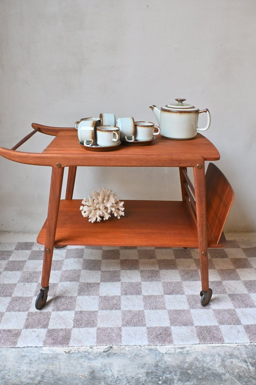 Chariot de bar vintage en teck avec compartiment à revues