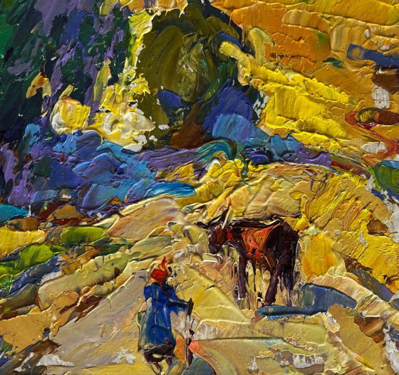 Image 1 of Original Oil Painting Summer Field Landscape Walking a cow in a field