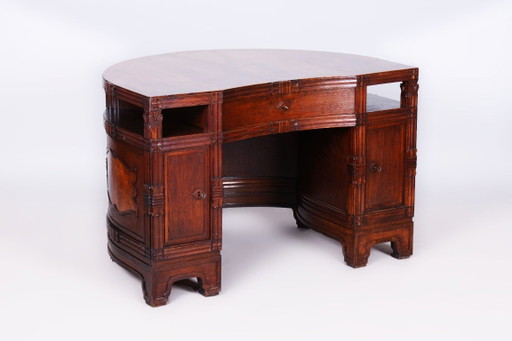 Restored Cubistic Writing Desk, Oak, Walnut, Revived Polish, Czech, 1910s – bureau, Metal, Wood