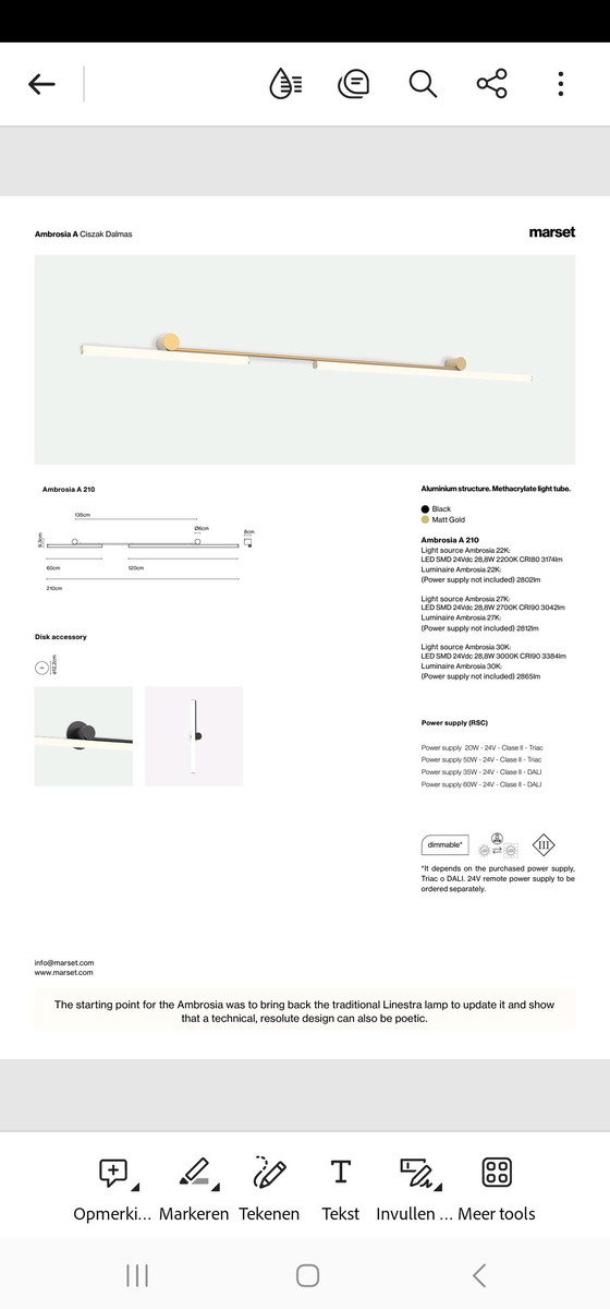 Image 1 of Marset AMBROSIA A 210 Matt Gold 2700K Wandleuchte