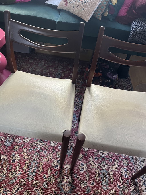 Set of Vintage Danish/Dutch Design Dining Chairs - 1960s Teak Wood/Off-White Leatherette