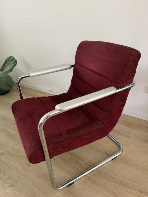 Vintage Machalke 'Crack' design fauteuil / armstoel – rode stof & chroom