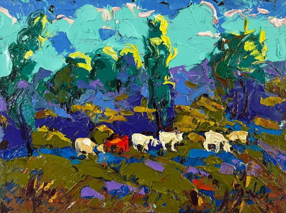 Image 1 of Original Oil Painting Summer Field Landscape Evening light behind the village