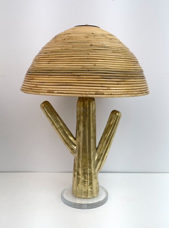 Image 1 of Coppia di lampade Hollywood Regency in rattan e ottone con cactus, Italia, anni '90
