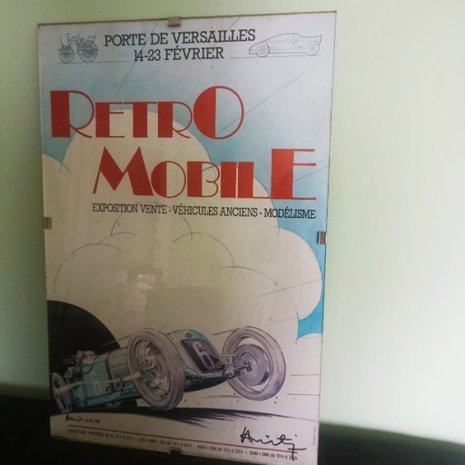 Póster retromóvil original firmado a mano de 1986 - François Bruère - enmarcado detrás de un cristal.