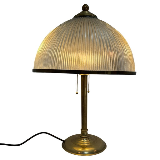 Art Deco - Lampe de table XL - Verre Holophane - Base en laiton, deux douilles - En très bon état !
